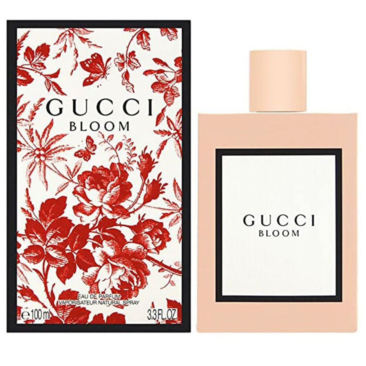 Gucci Bloom perfume bottle and packaging with floral design