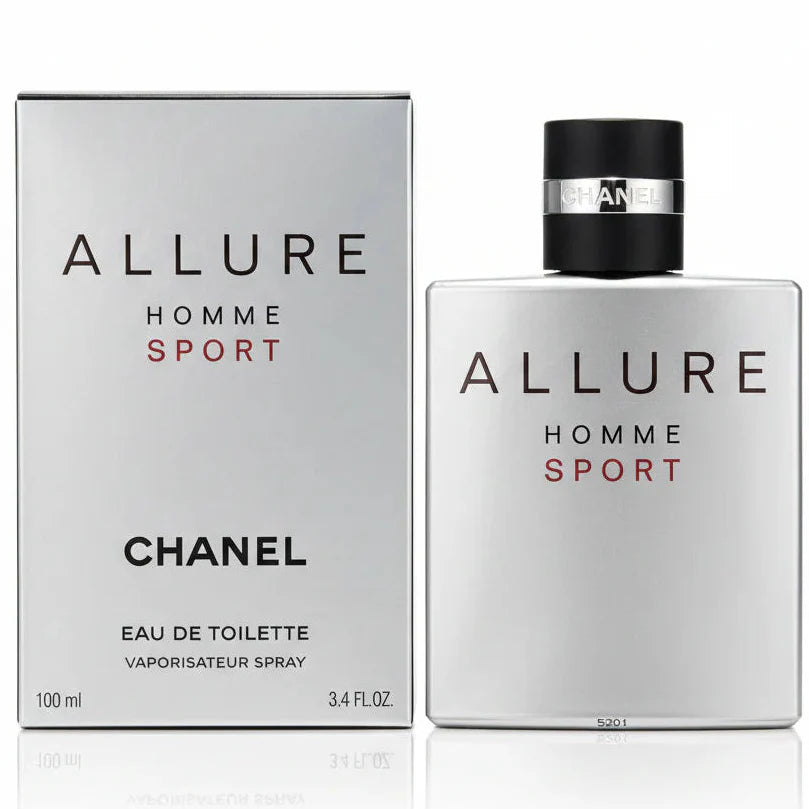 Chanel Allure Homme Sport perfume bottle and packaging on a gray background