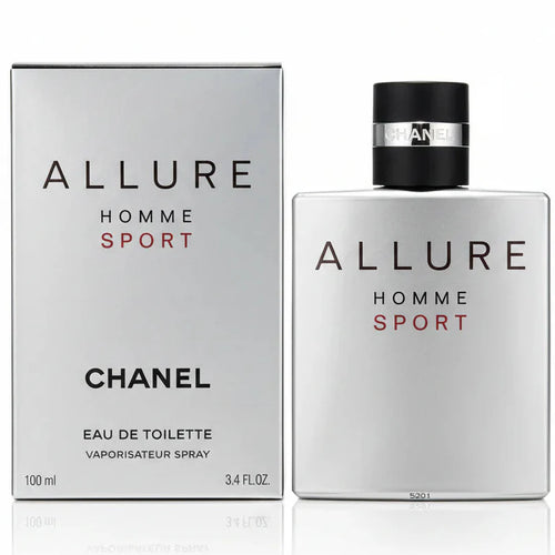 Chanel Allure Homme Sport perfume bottle and packaging on a gray background
