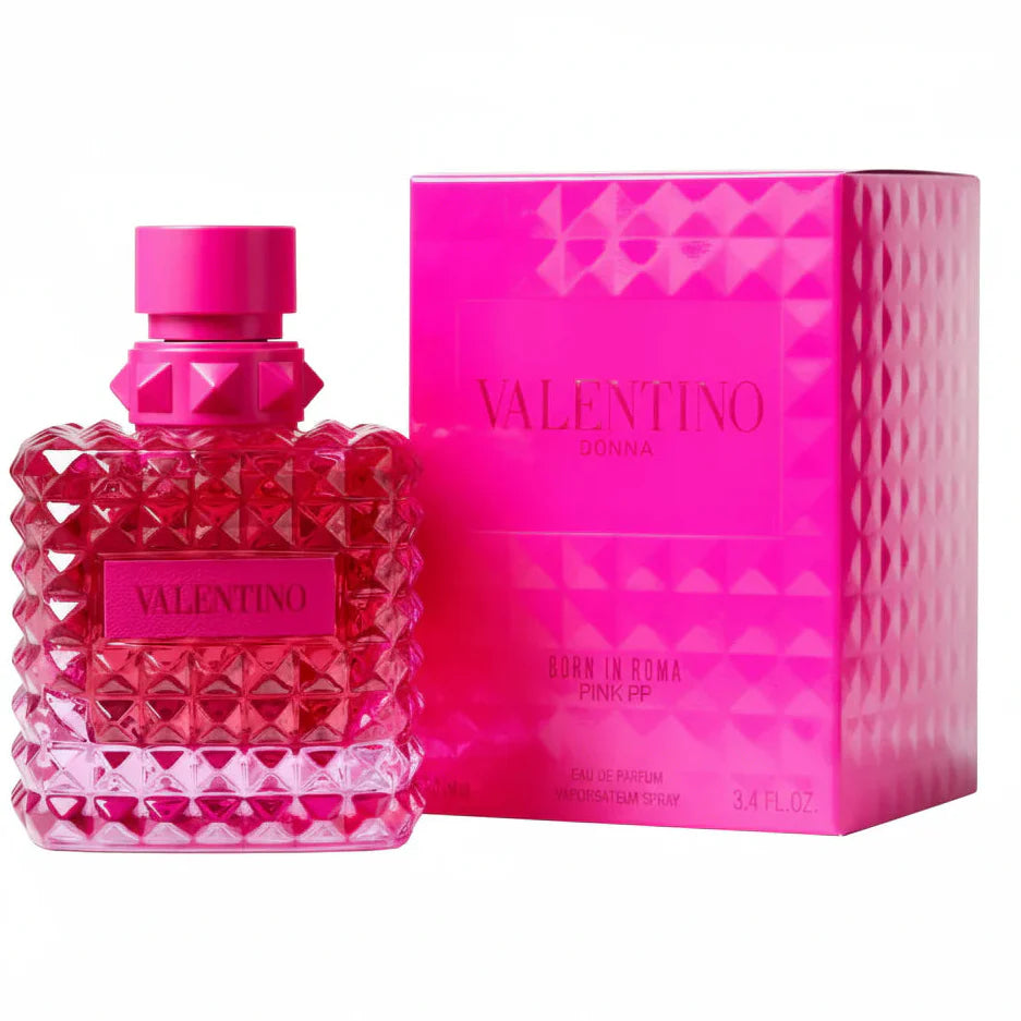 Valentino perfume bottle and packaging with pink design on a white background